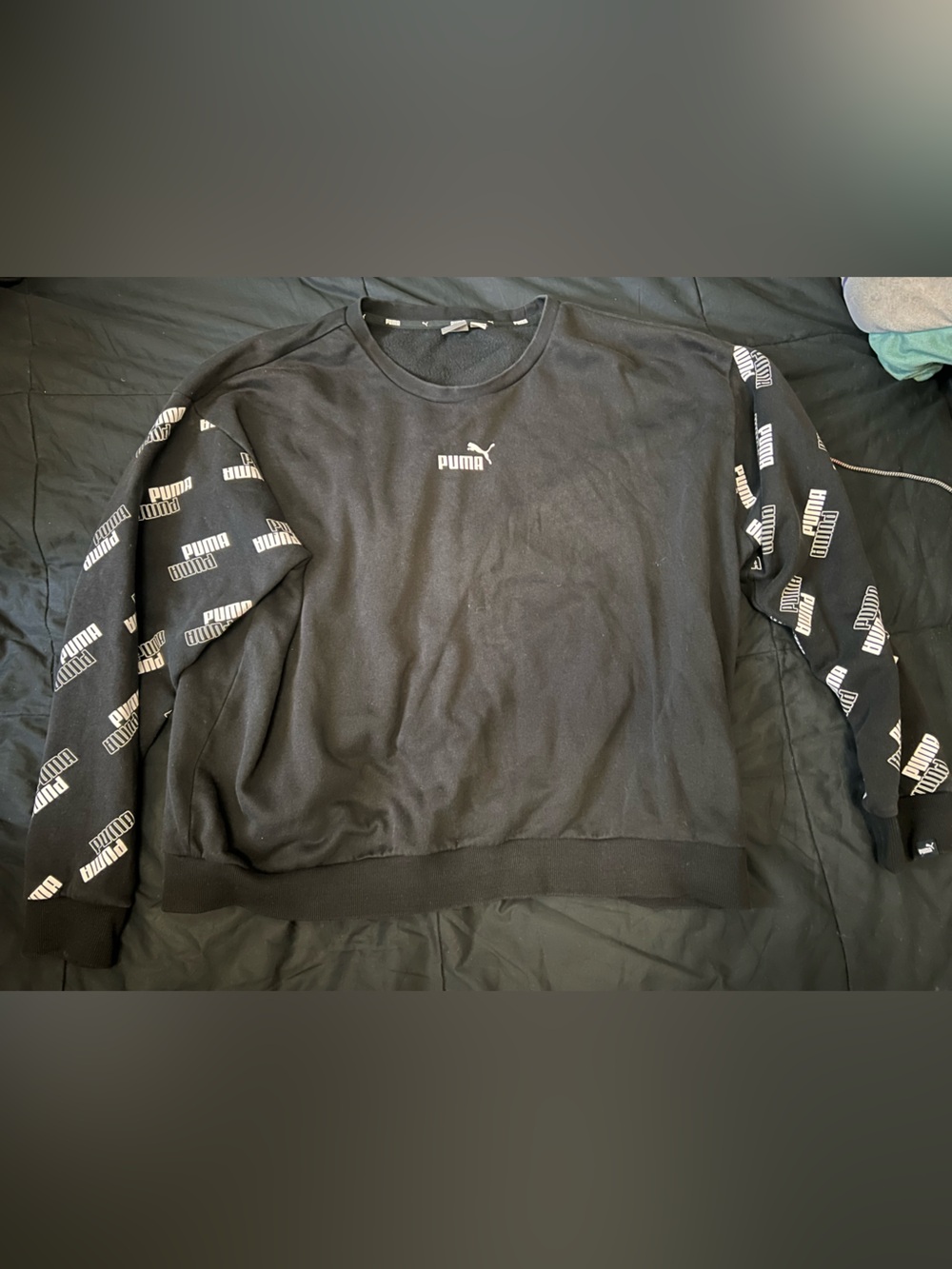 Puma Black Crewneck Sweatshirt with White Logo-Print Sleeves
